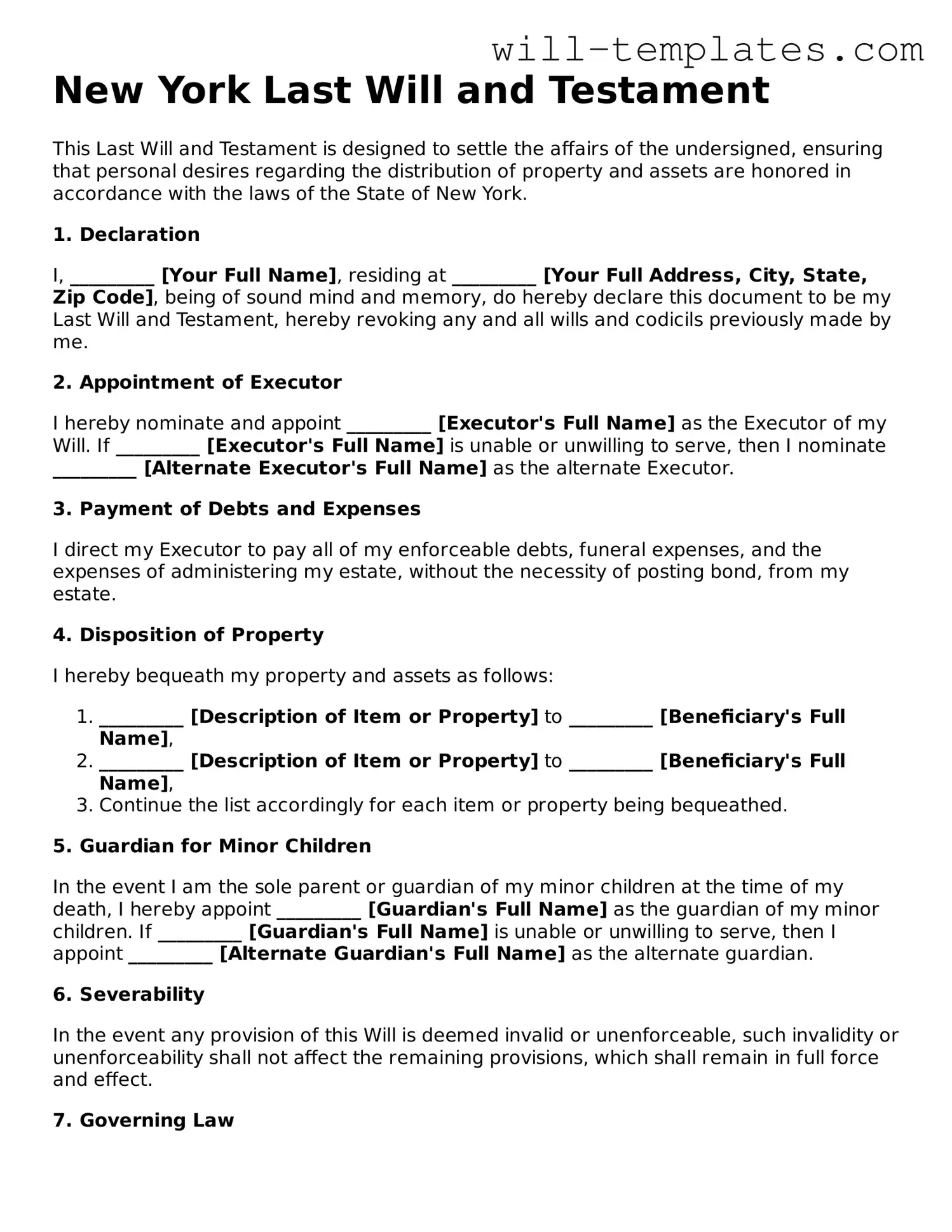 Official  Last Will and Testament Template for New York