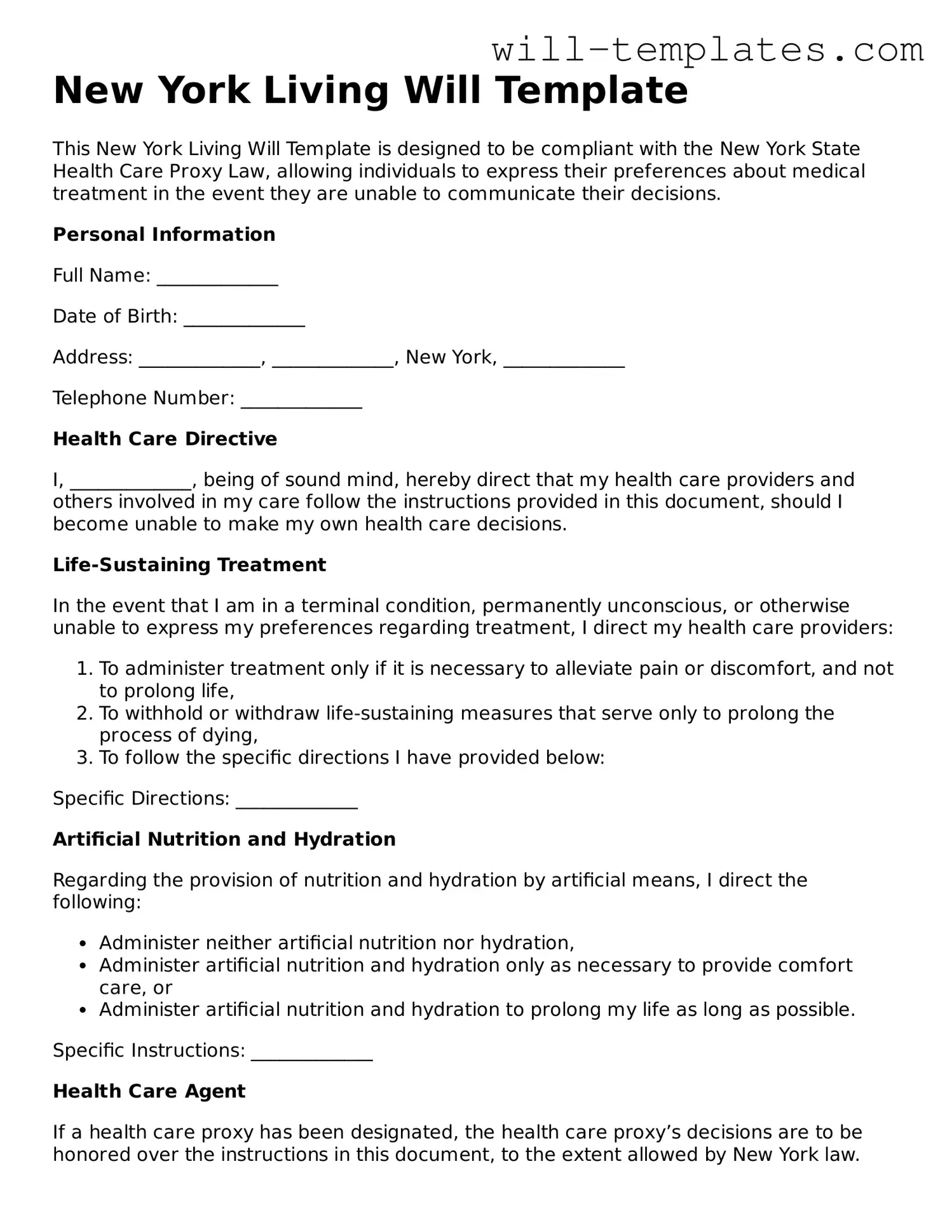 Official  Living Will Template for New York