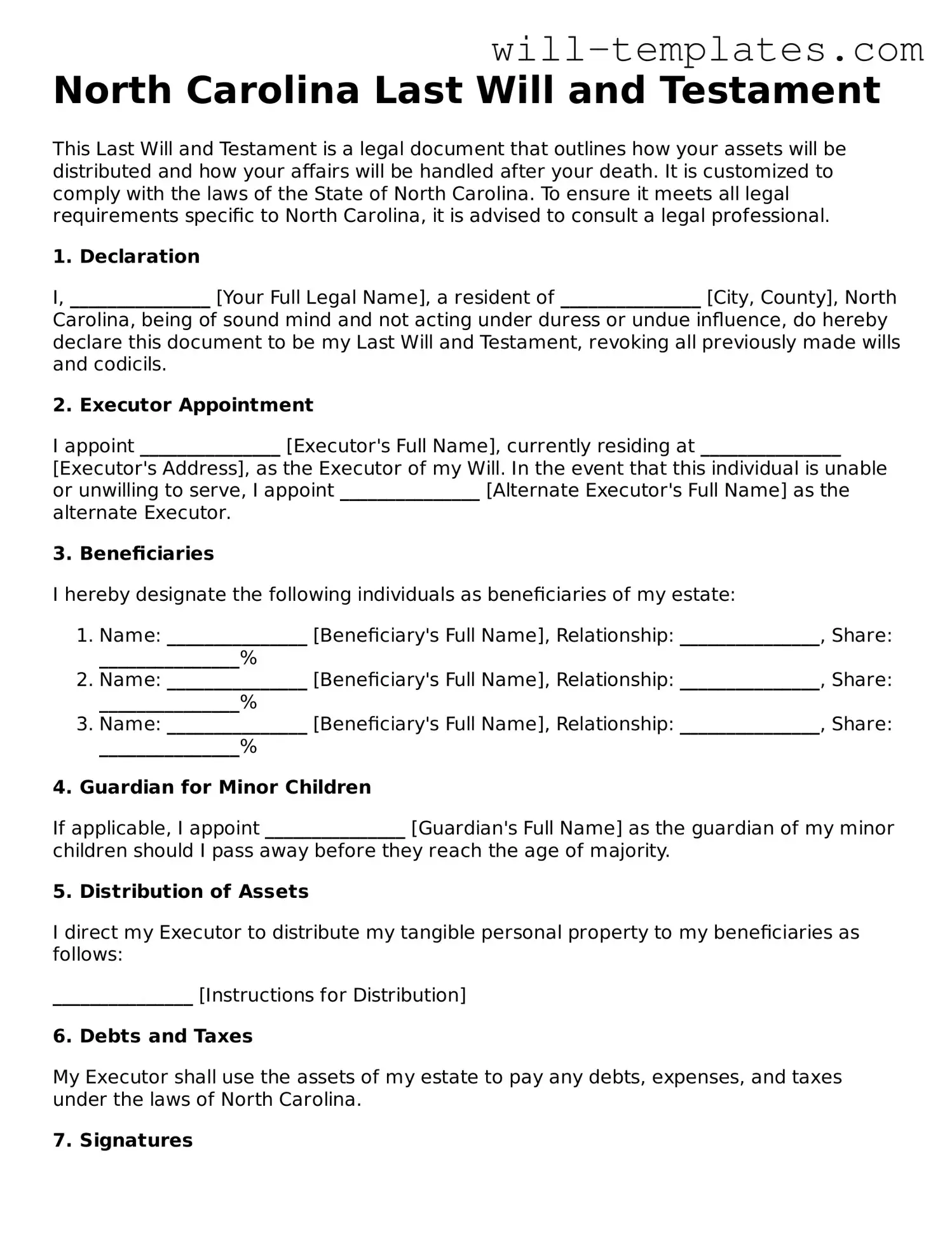Official  Last Will and Testament Template for North Carolina