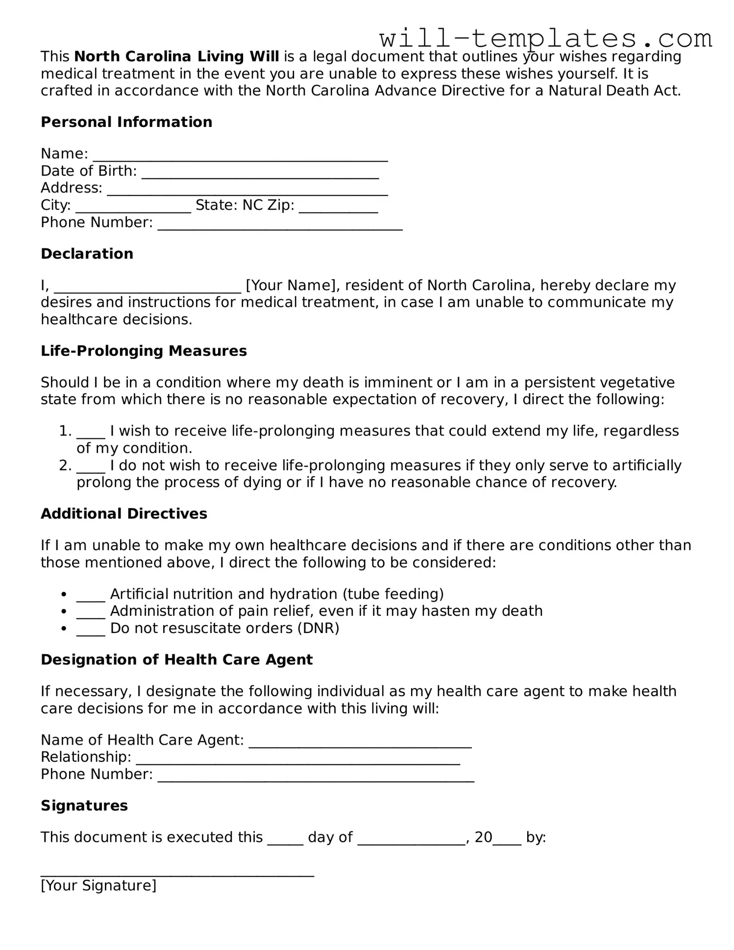 Official  Living Will Template for North Carolina