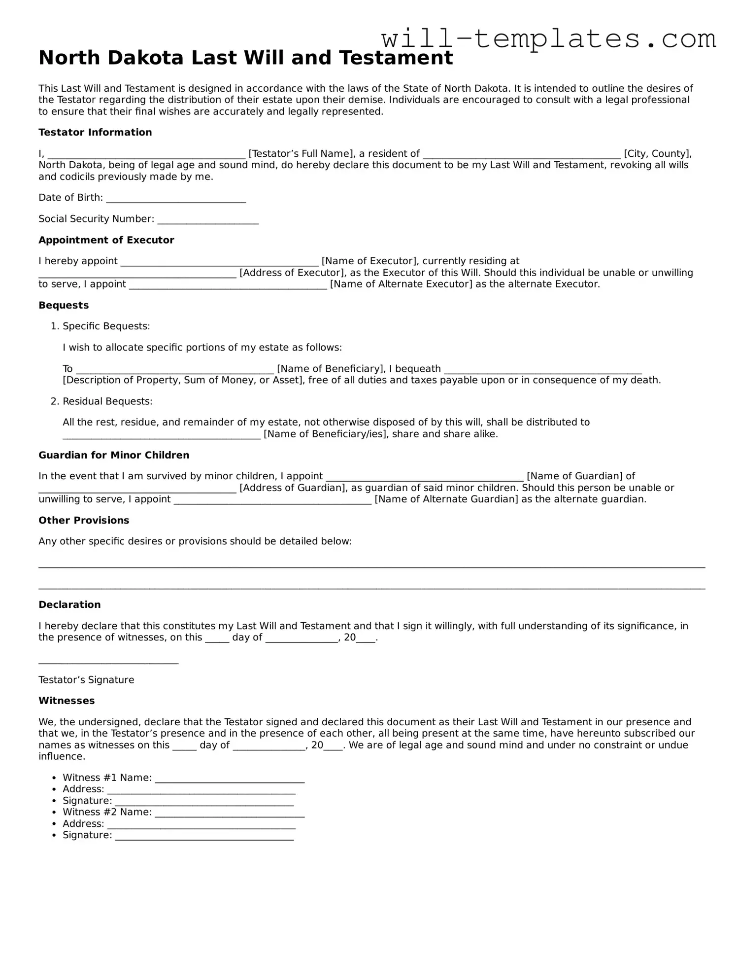 Official  Last Will and Testament Template for North Dakota