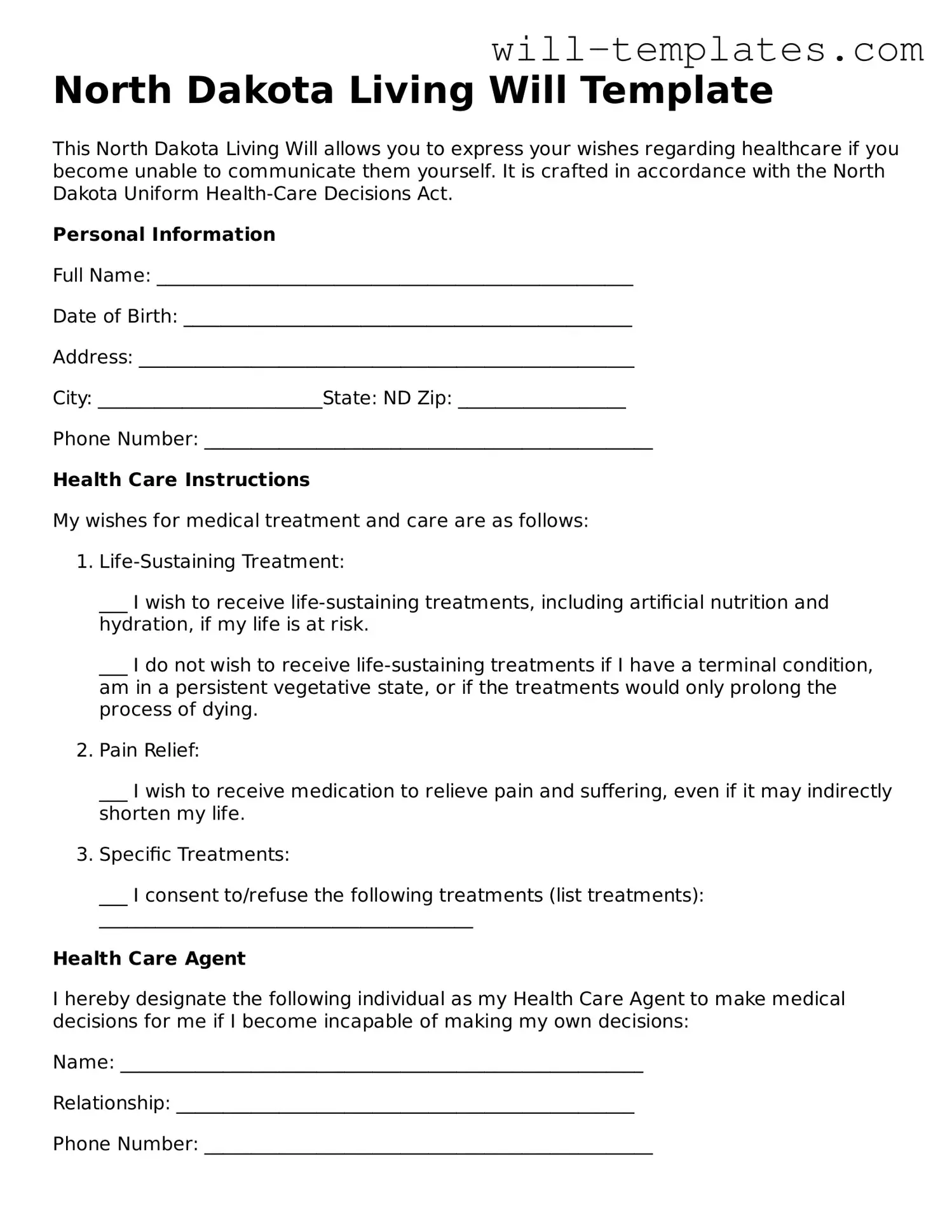 Official  Living Will Template for North Dakota