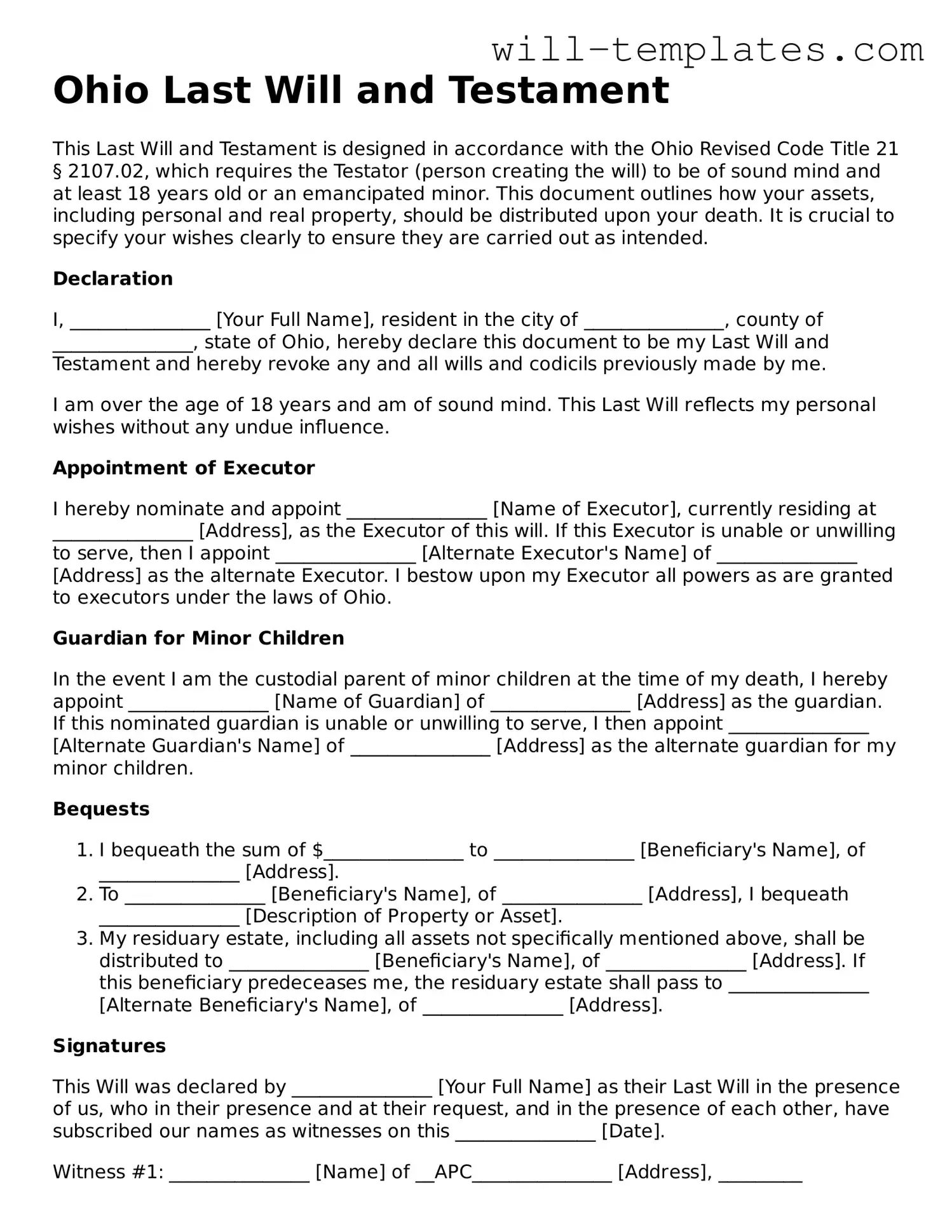 Official  Last Will and Testament Template for Ohio