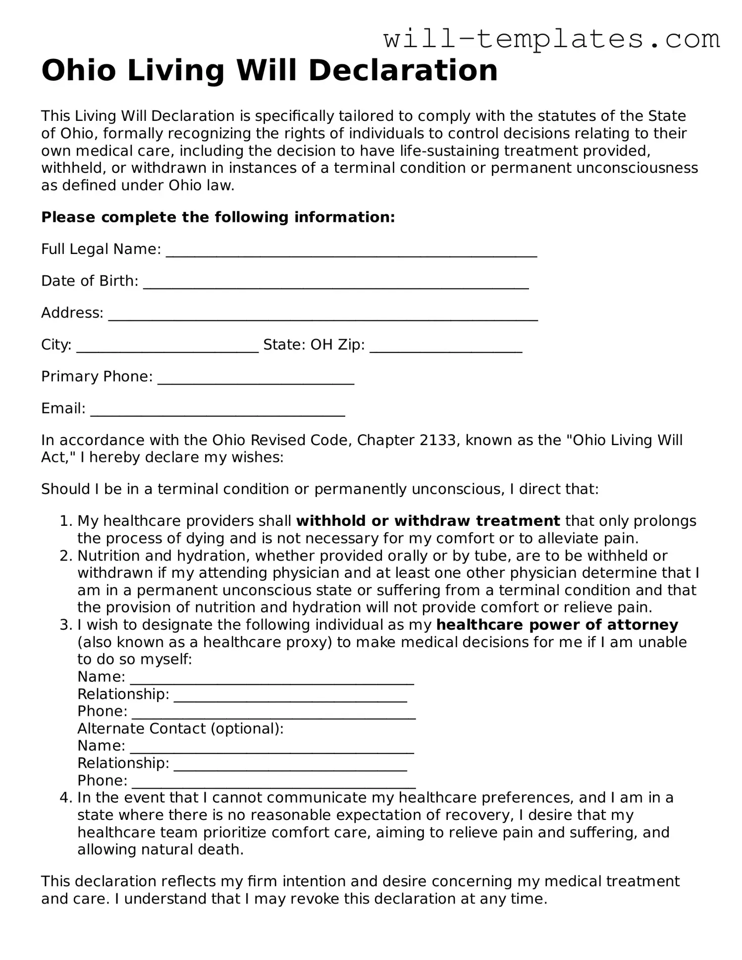 Official  Living Will Template for Ohio