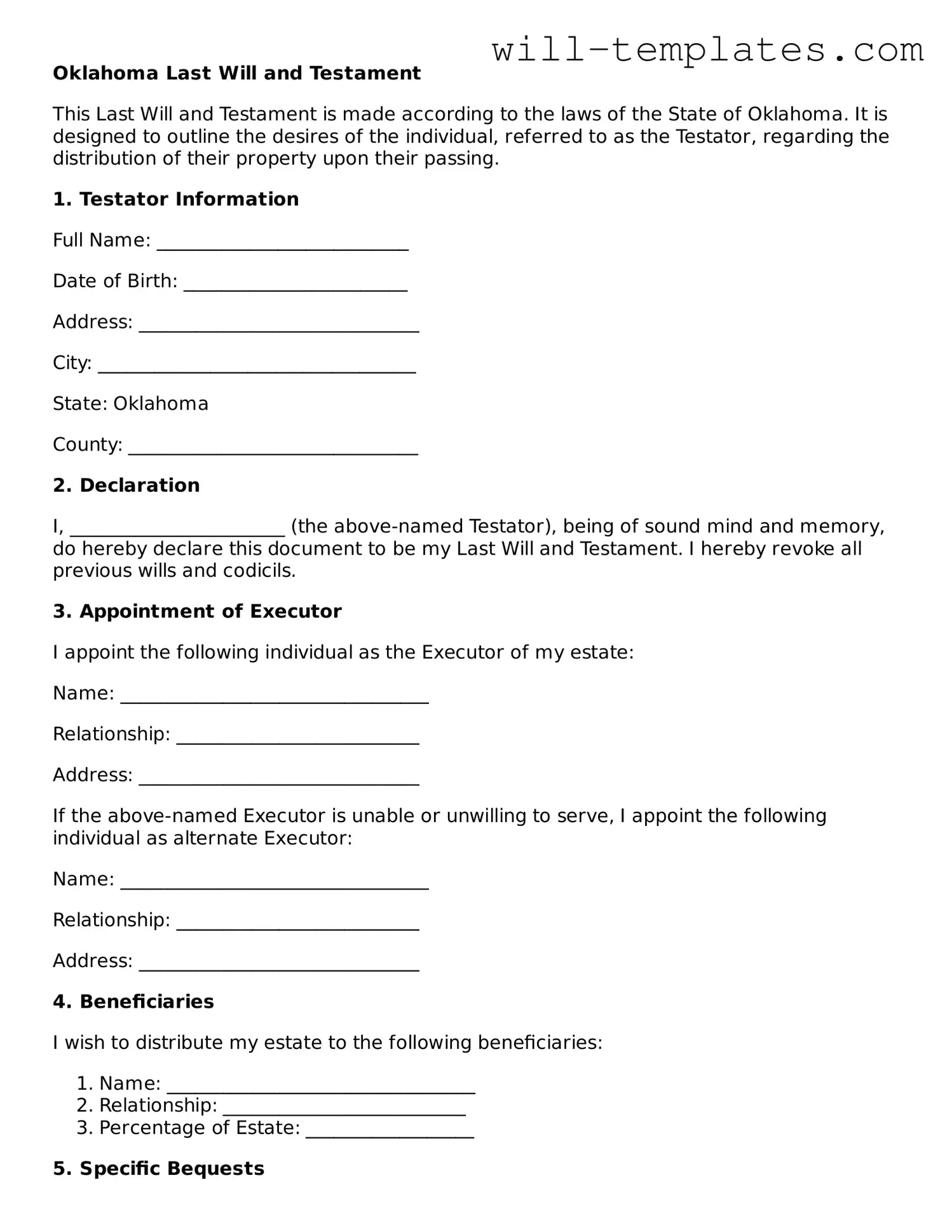 Official  Last Will and Testament Template for Oklahoma