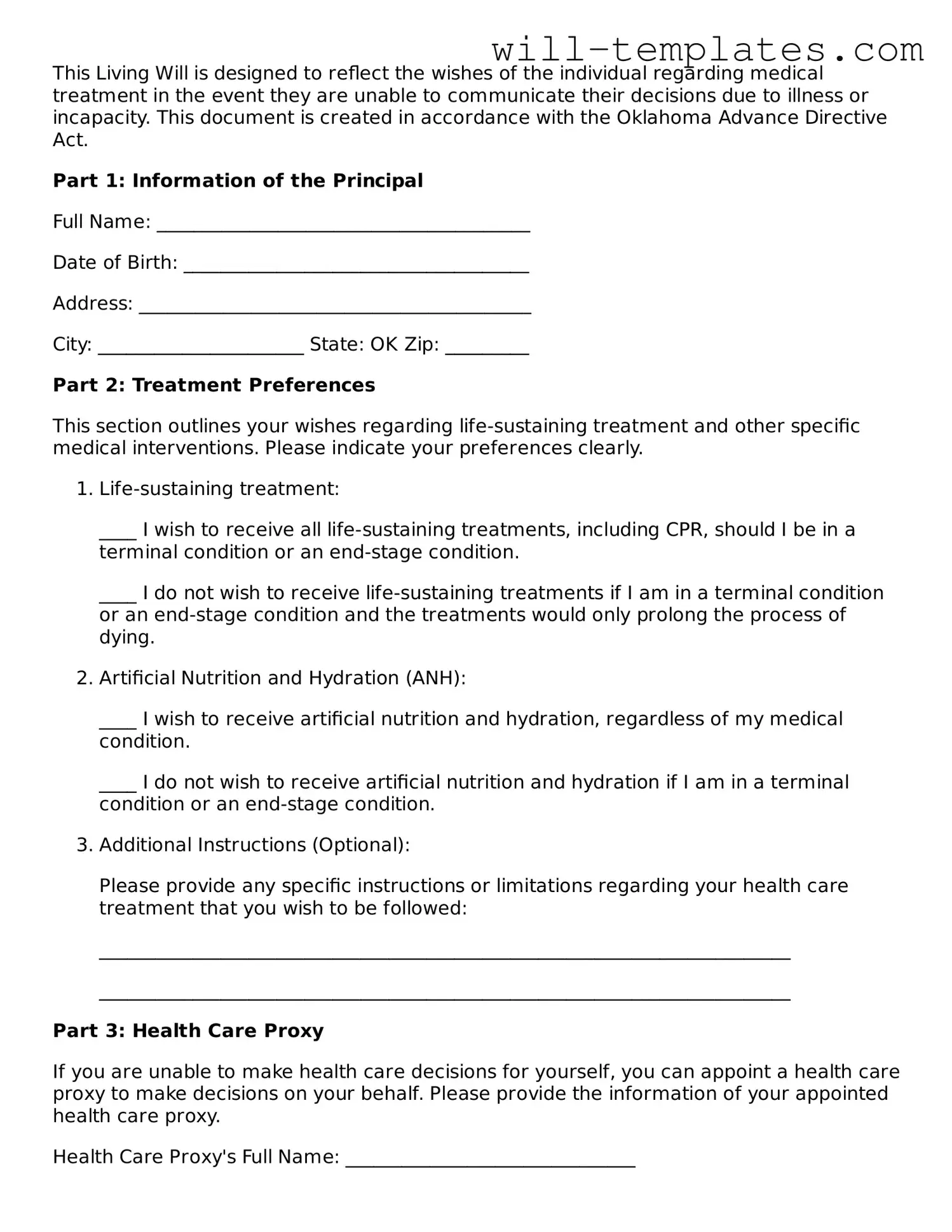 Official  Living Will Template for Oklahoma