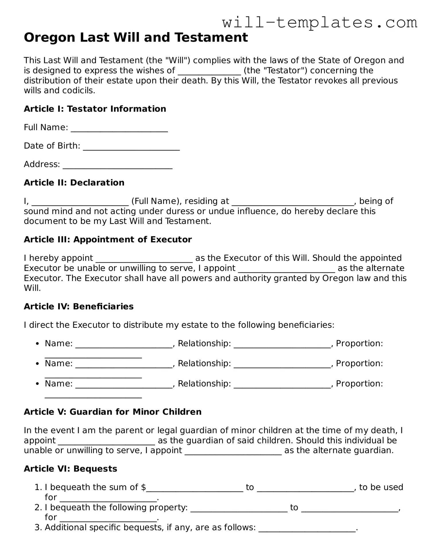 Official  Last Will and Testament Template for Oregon