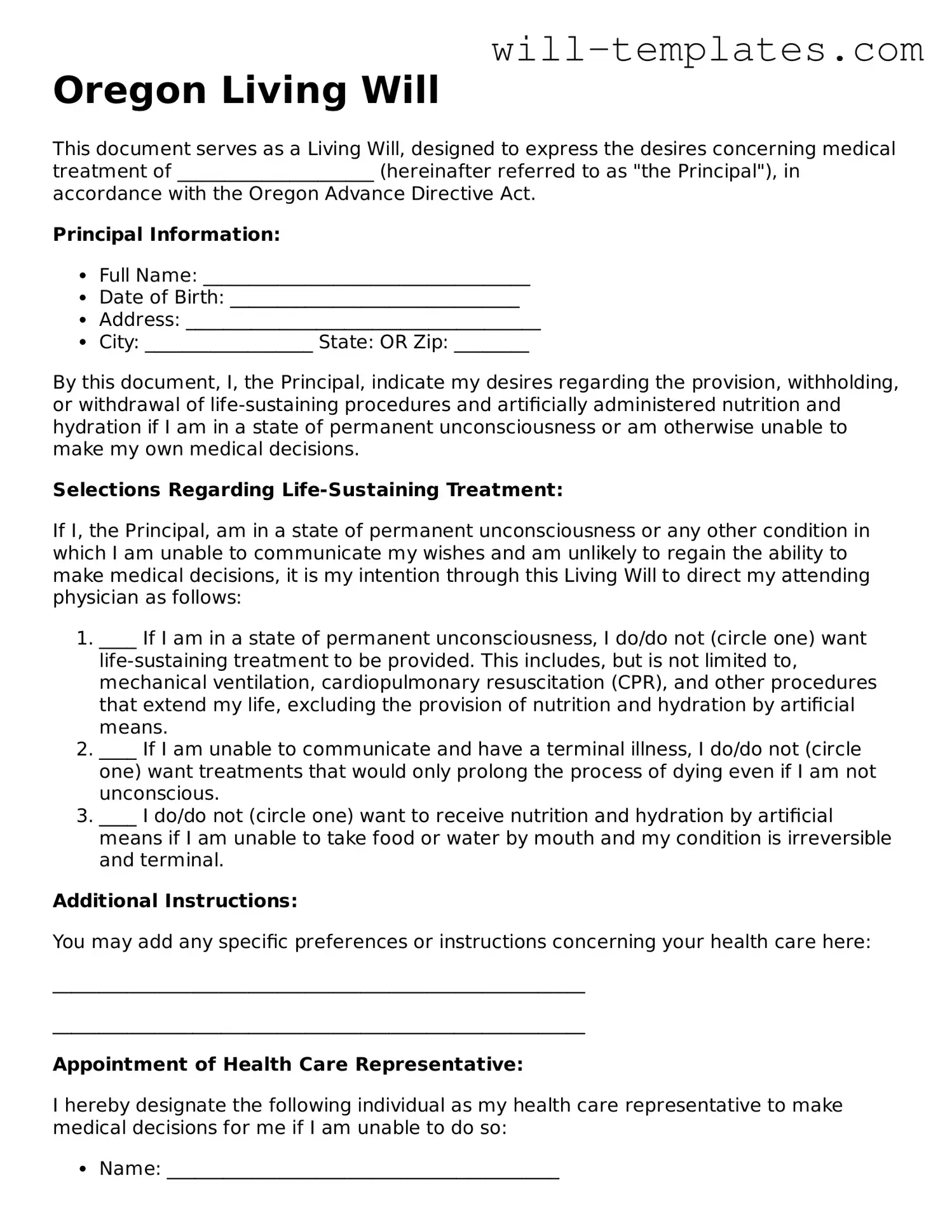 Official  Living Will Template for Oregon