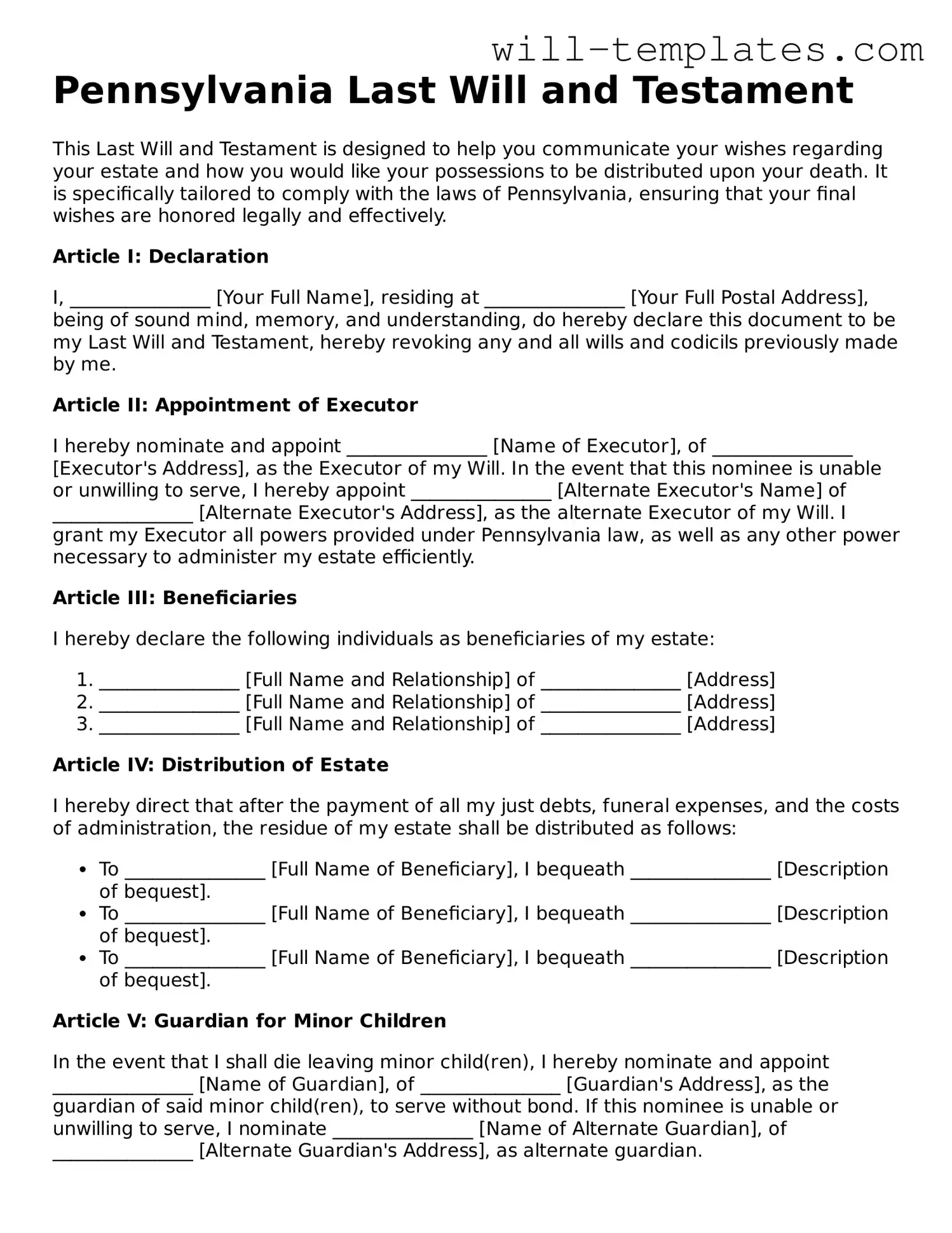 Official  Last Will and Testament Template for Pennsylvania
