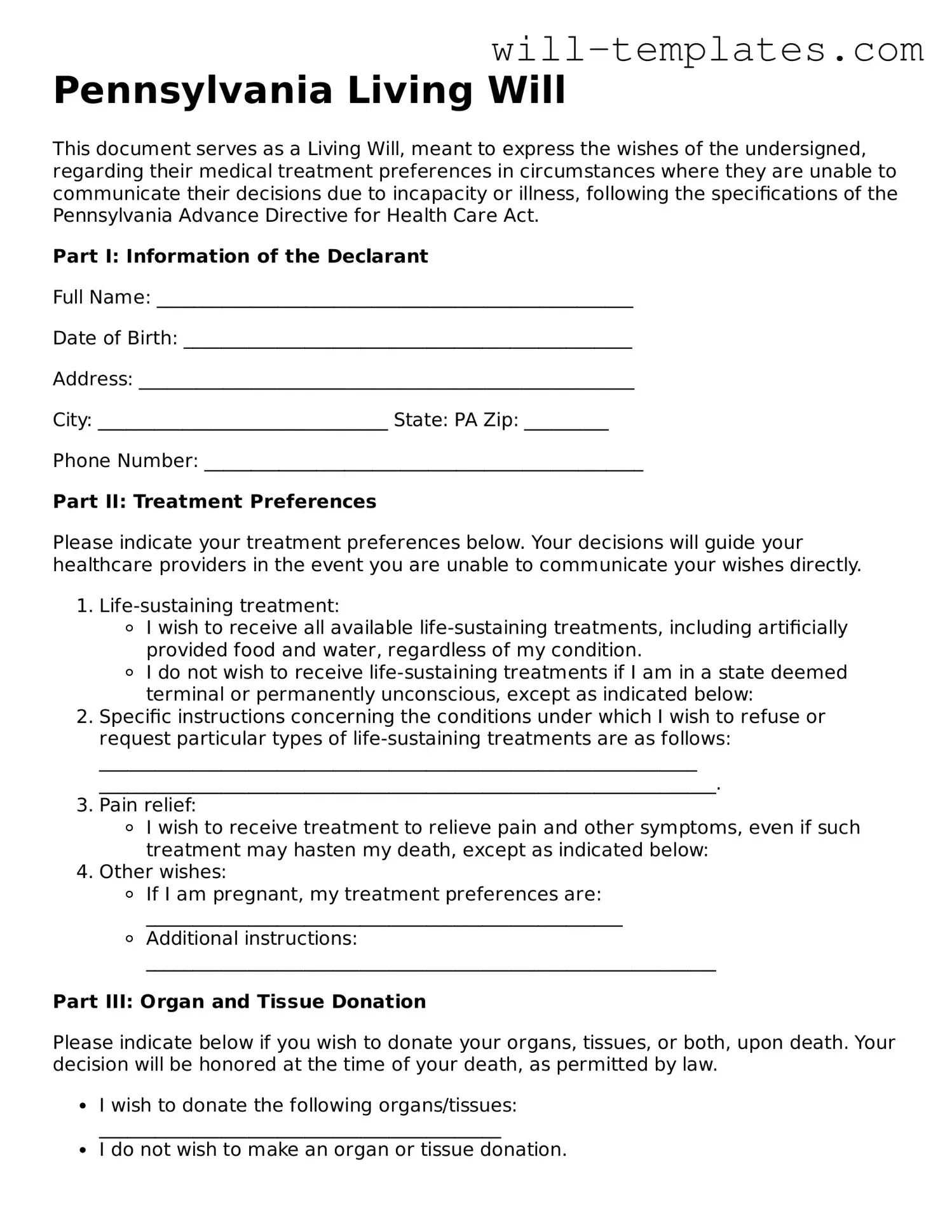 Official  Living Will Template for Pennsylvania