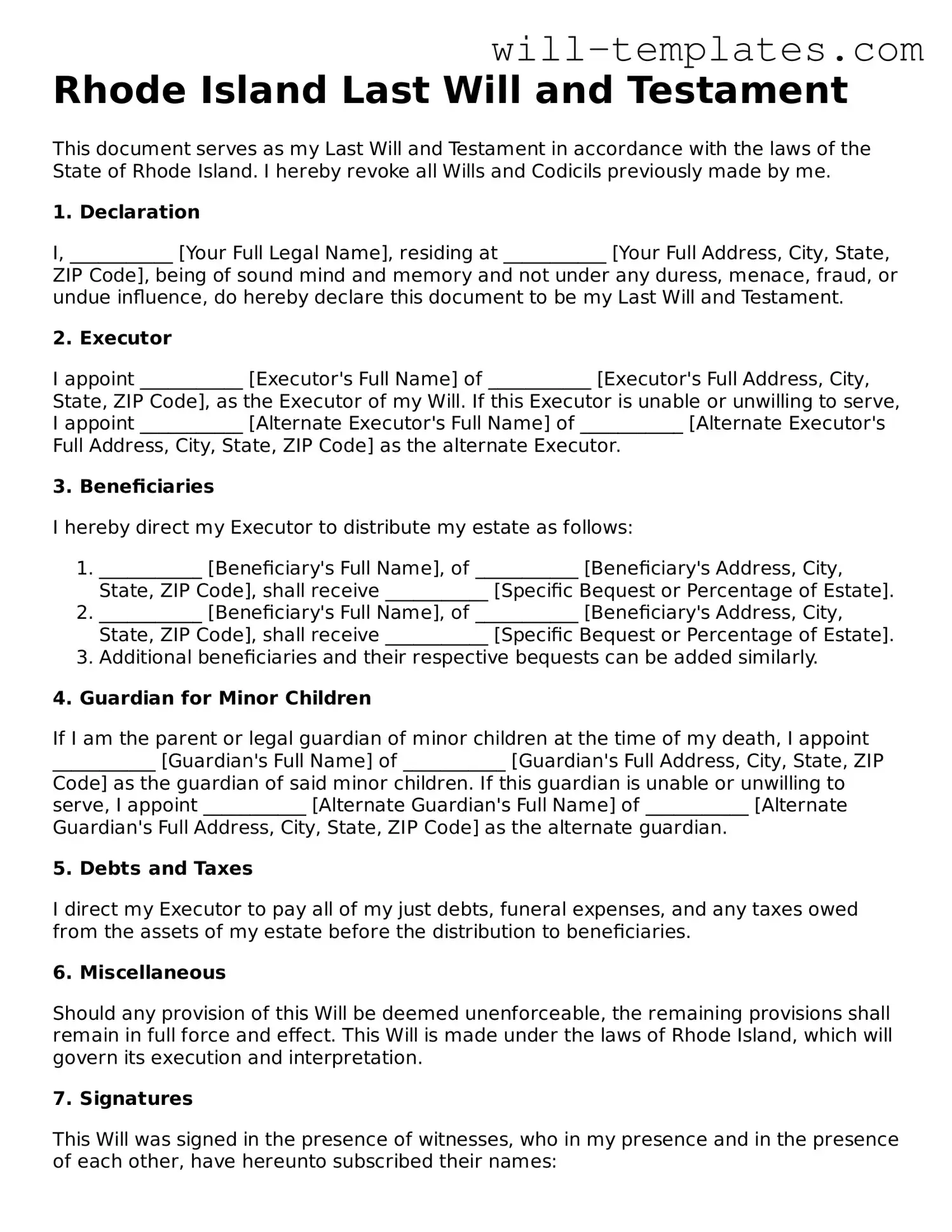 Official  Last Will and Testament Template for Rhode Island