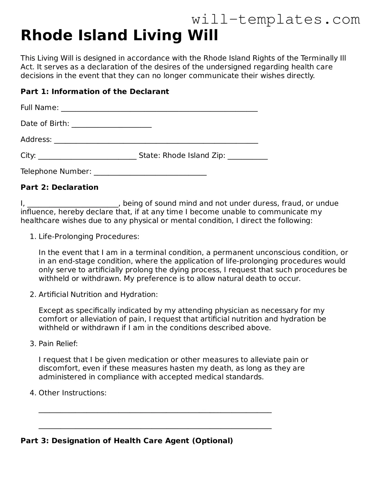 Official  Living Will Template for Rhode Island