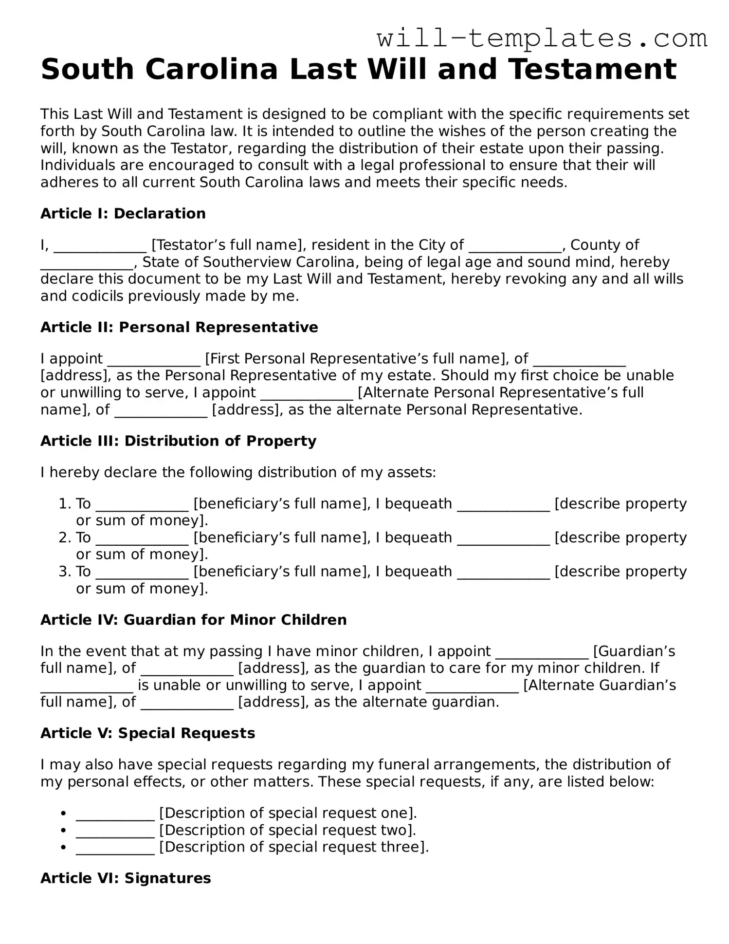 Official  Last Will and Testament Template for South Carolina