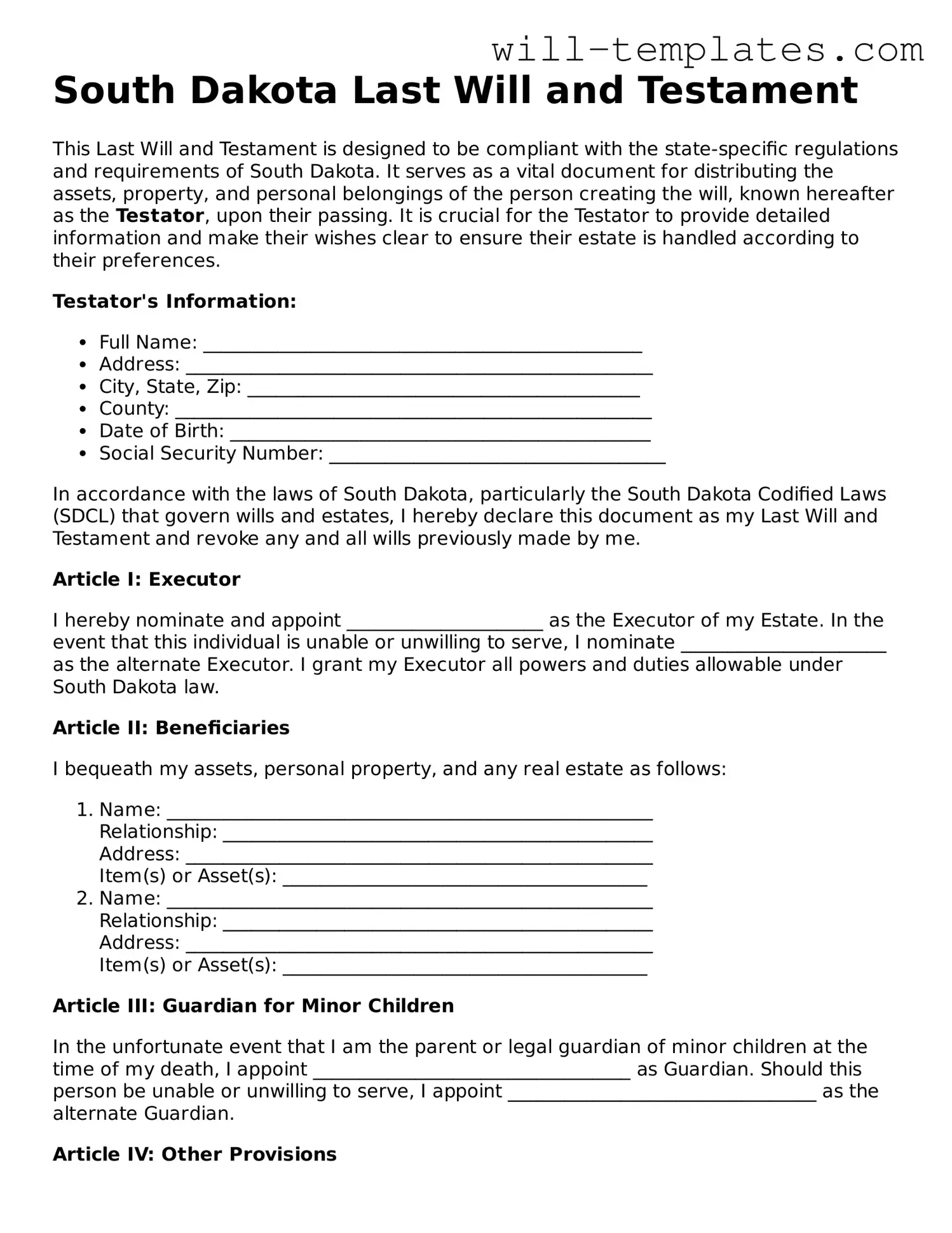 Official  Last Will and Testament Template for South Dakota
