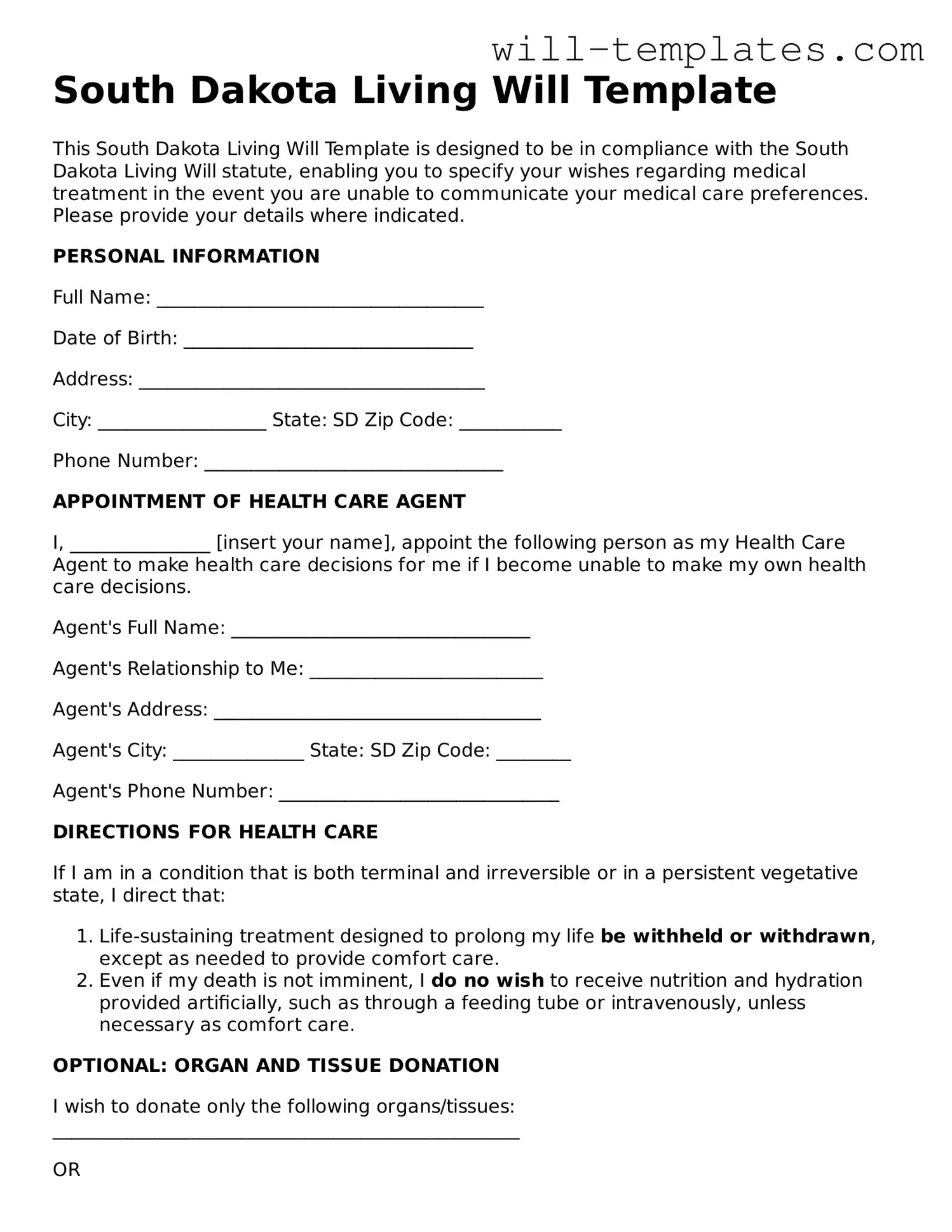 Official  Living Will Template for South Dakota