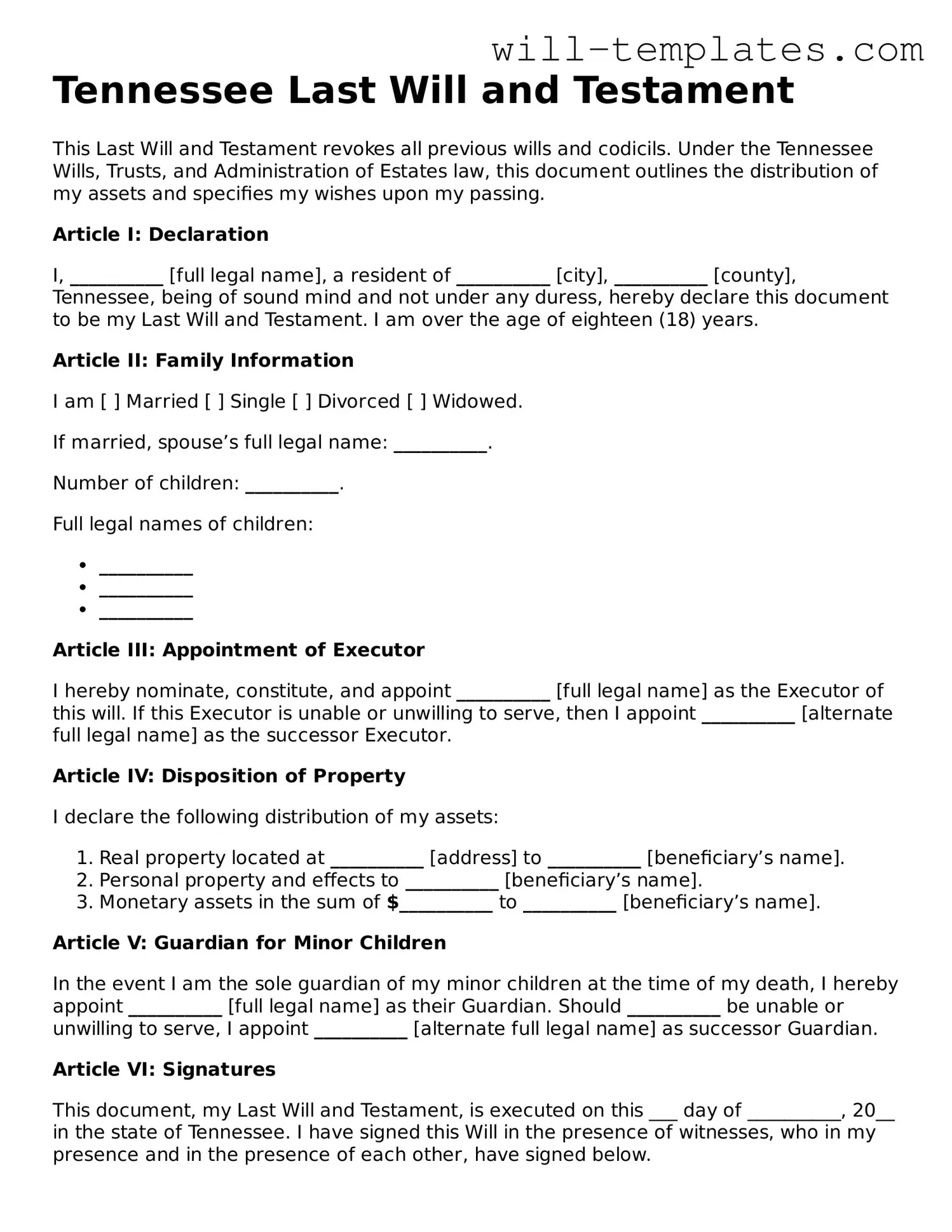 Official  Last Will and Testament Template for Tennessee