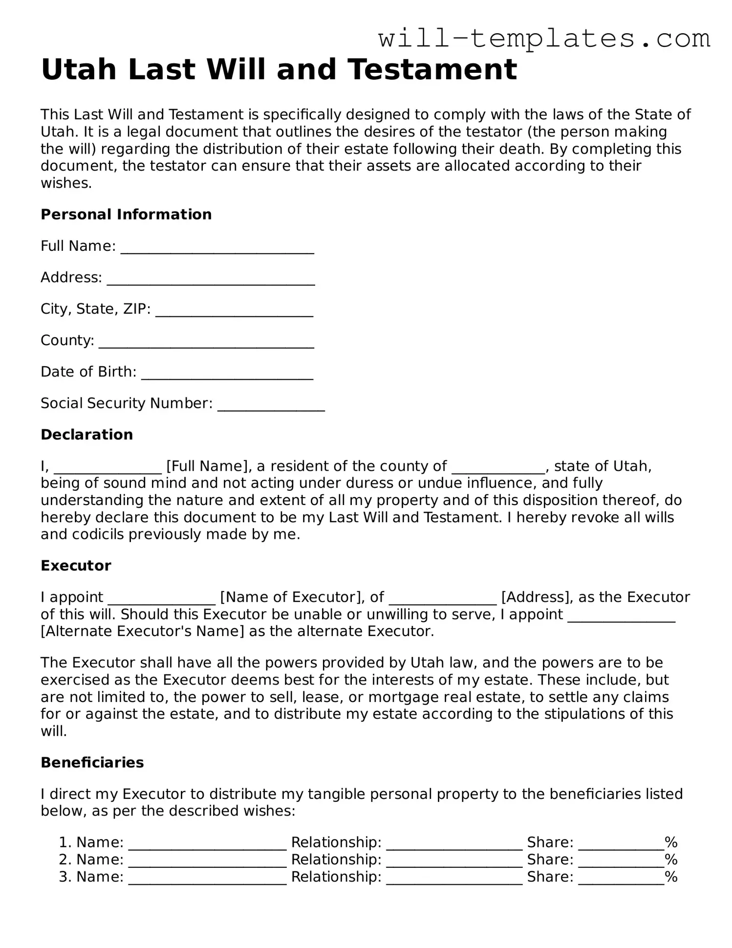 Official  Last Will and Testament Template for Utah