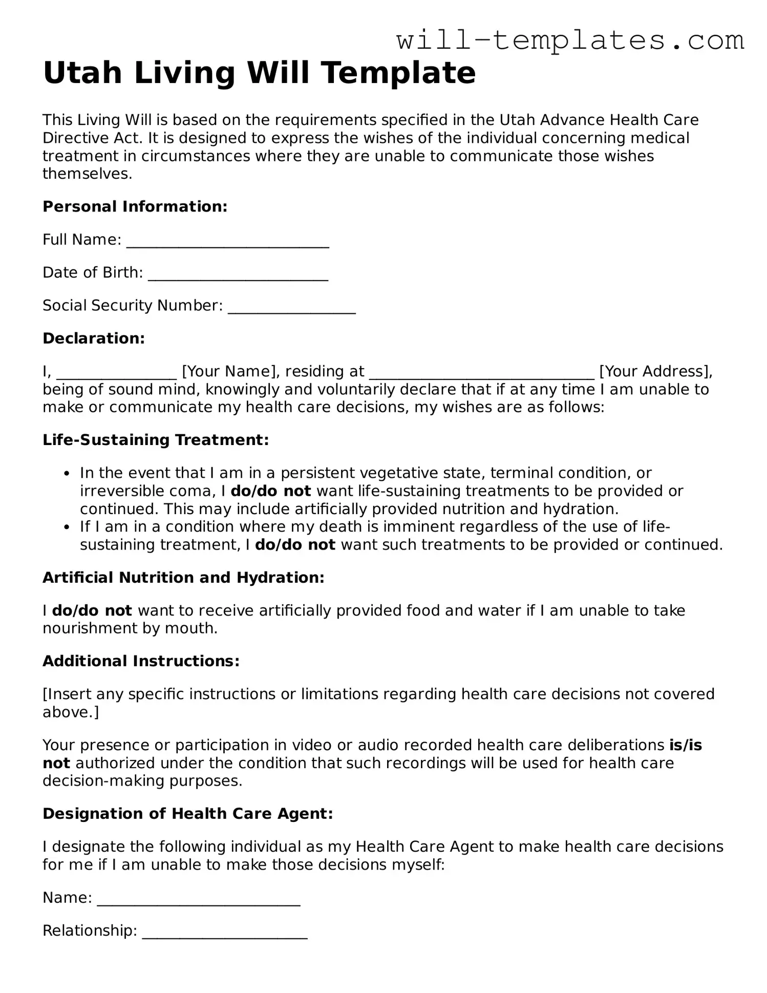Official  Living Will Template for Utah