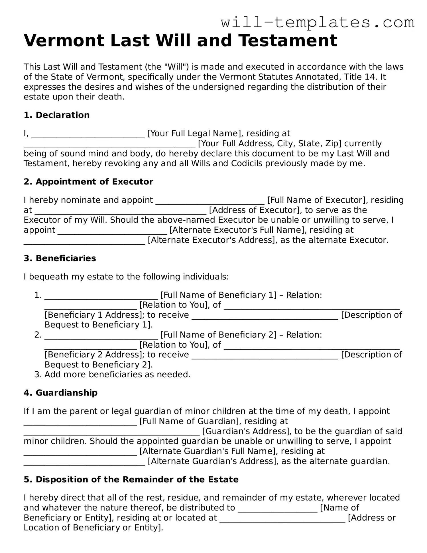 Official  Last Will and Testament Template for Vermont