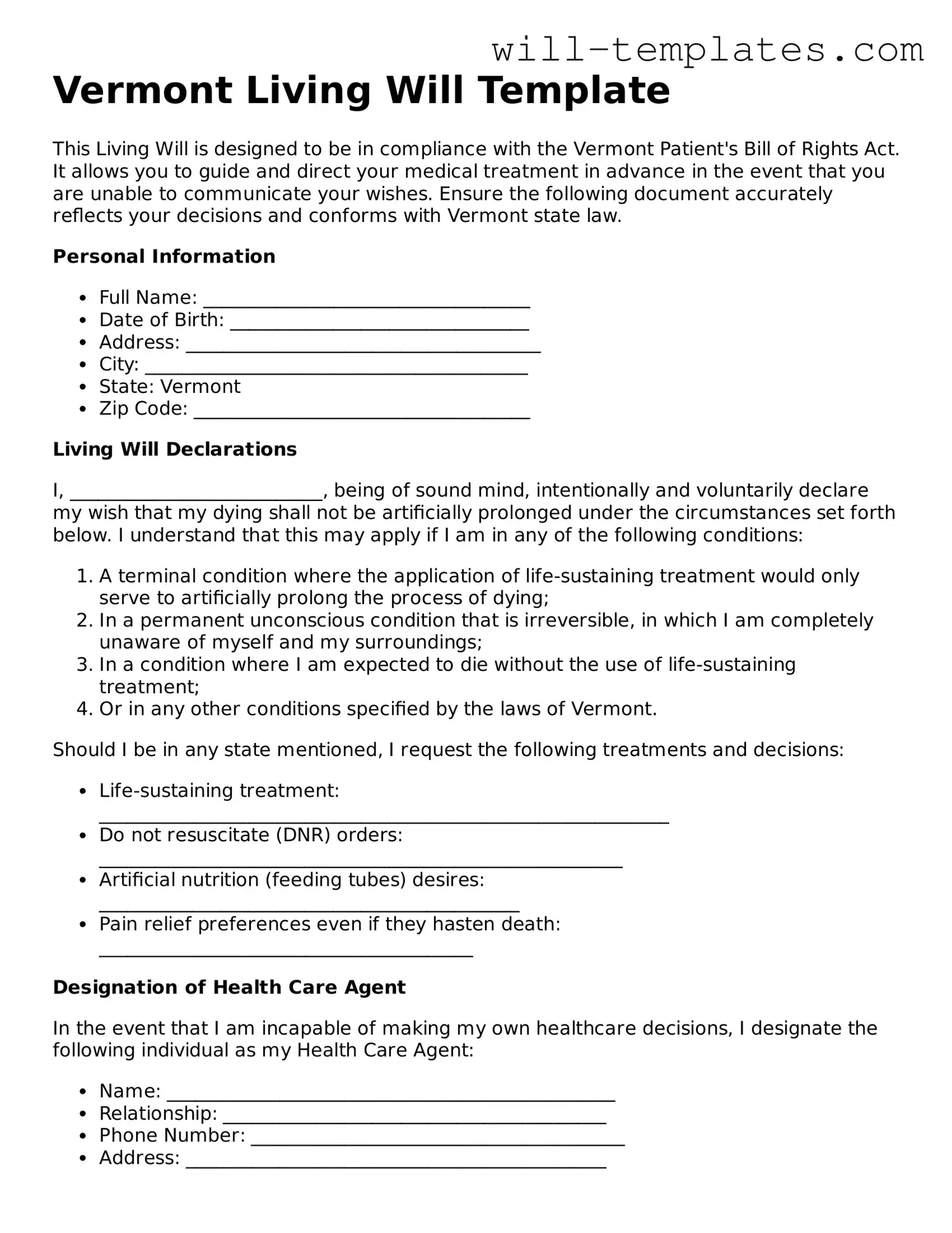 Official  Living Will Template for Vermont