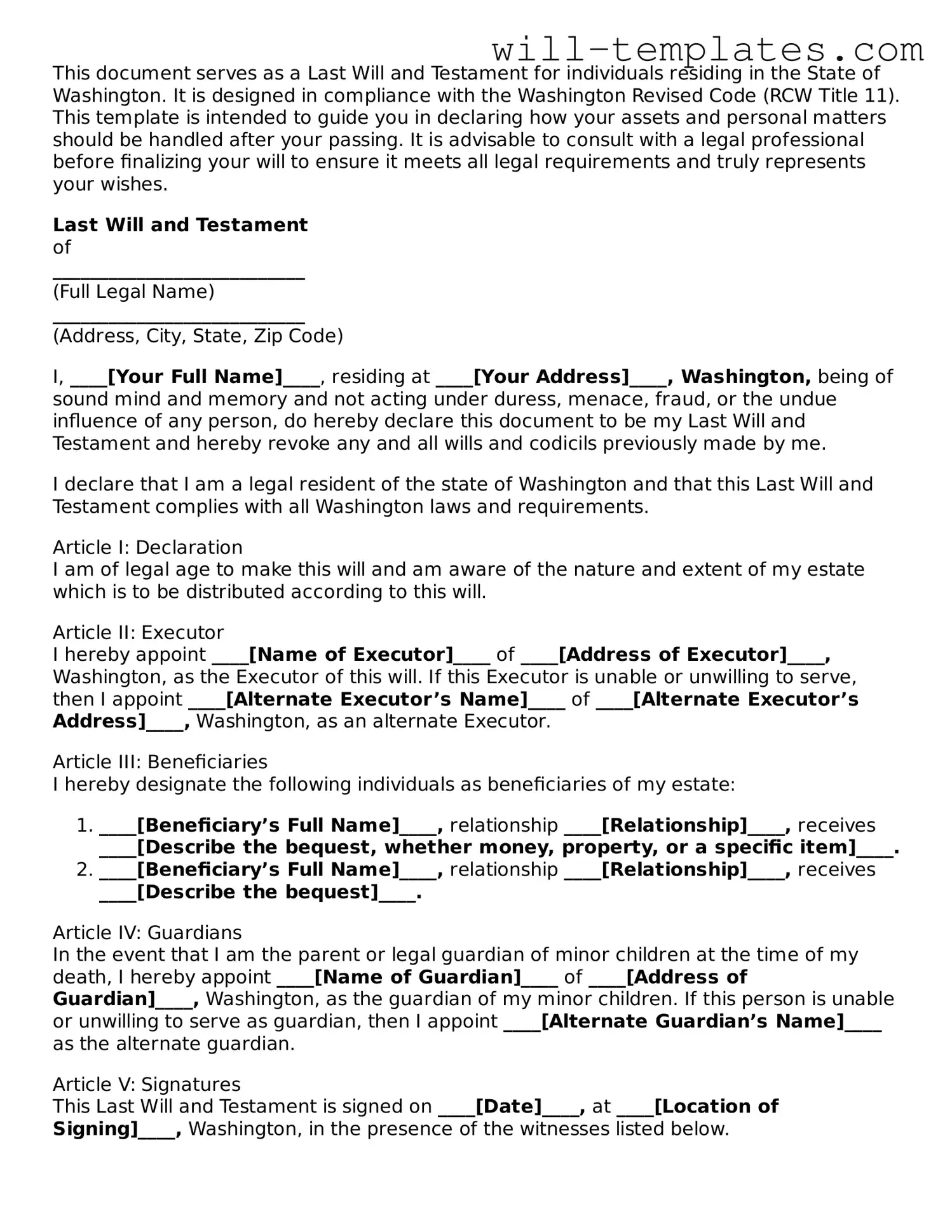 Official  Last Will and Testament Template for Washington