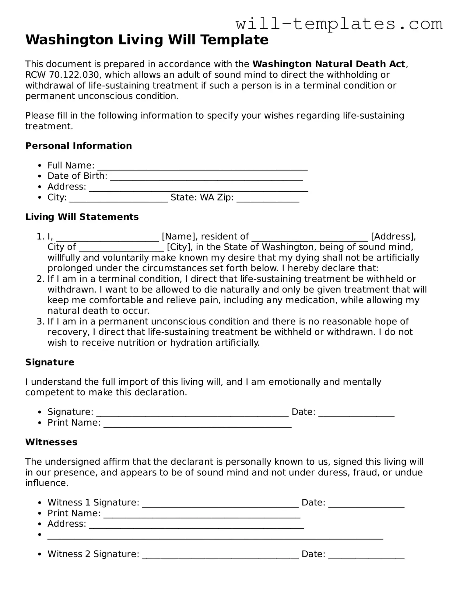 Official  Living Will Template for Washington