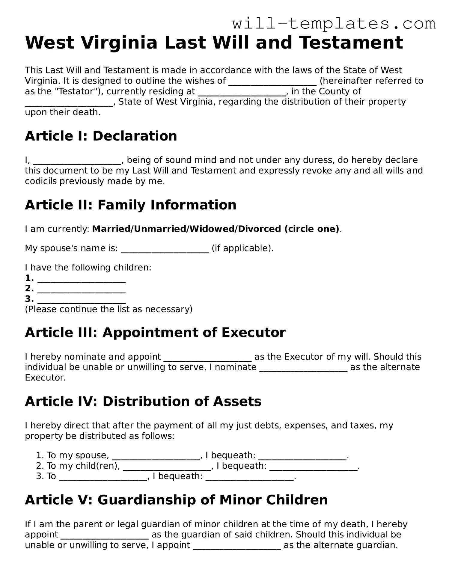 Official  Last Will and Testament Template for West Virginia
