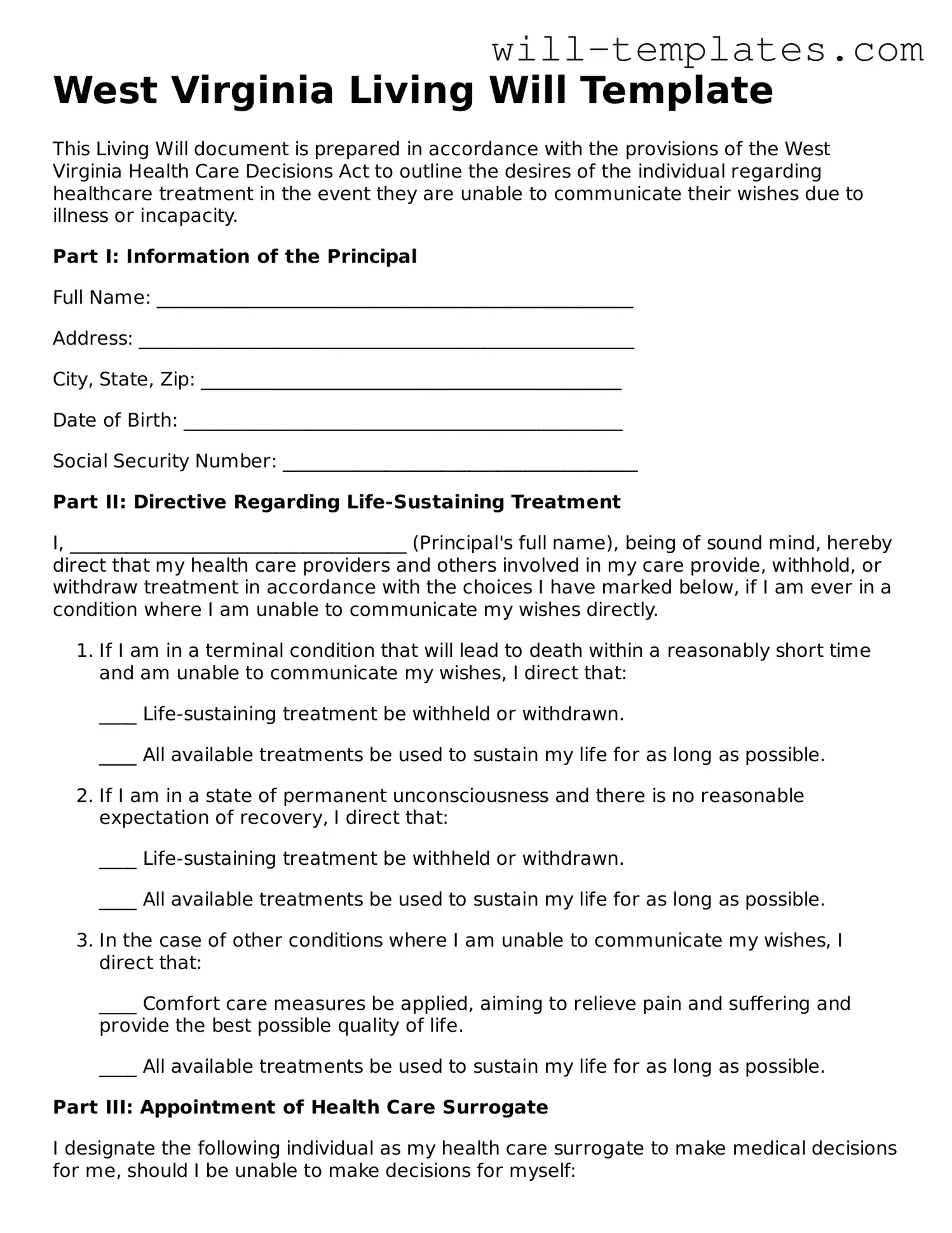 Official  Living Will Template for West Virginia