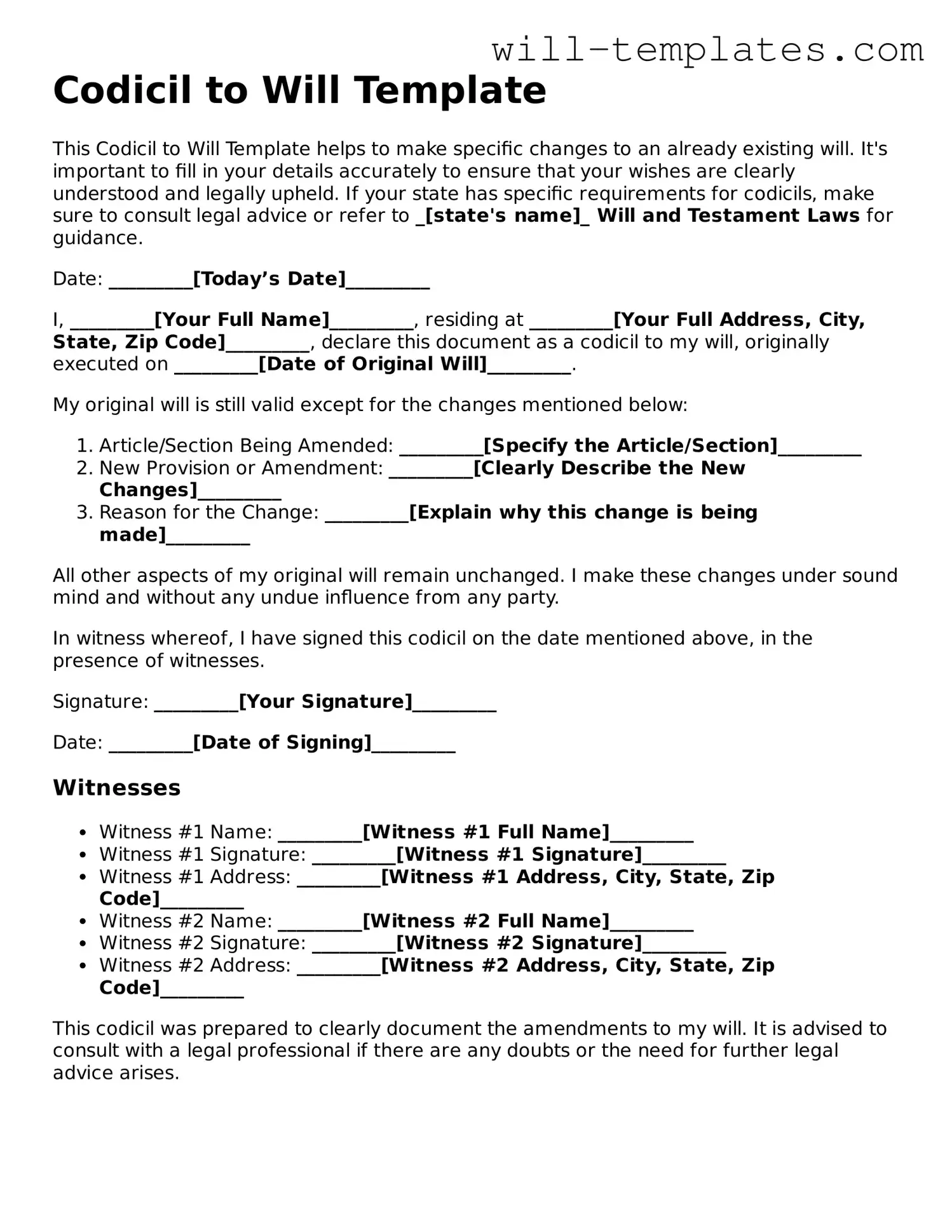 Printable Codicil to Will Document