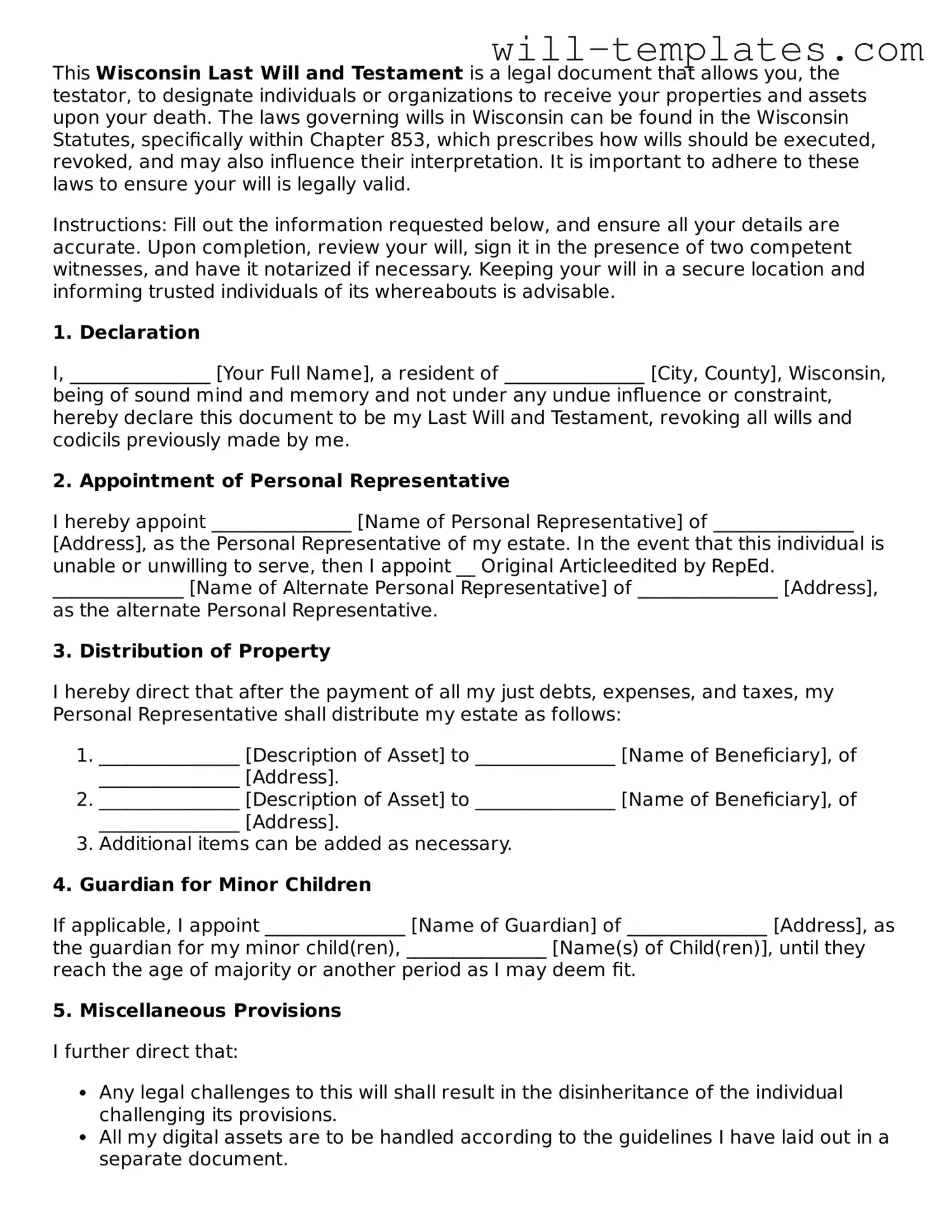 Official  Last Will and Testament Template for Wisconsin