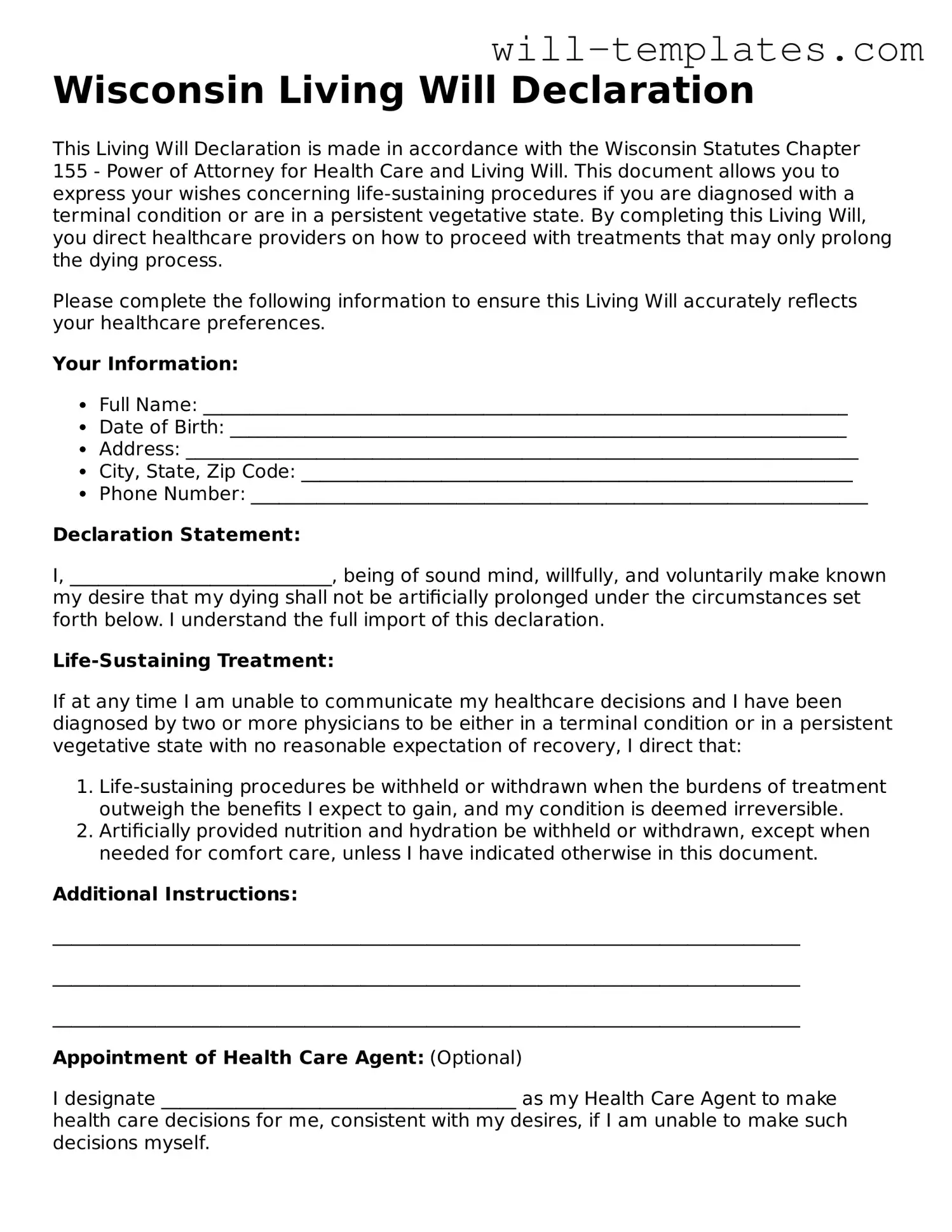 Official  Living Will Template for Wisconsin