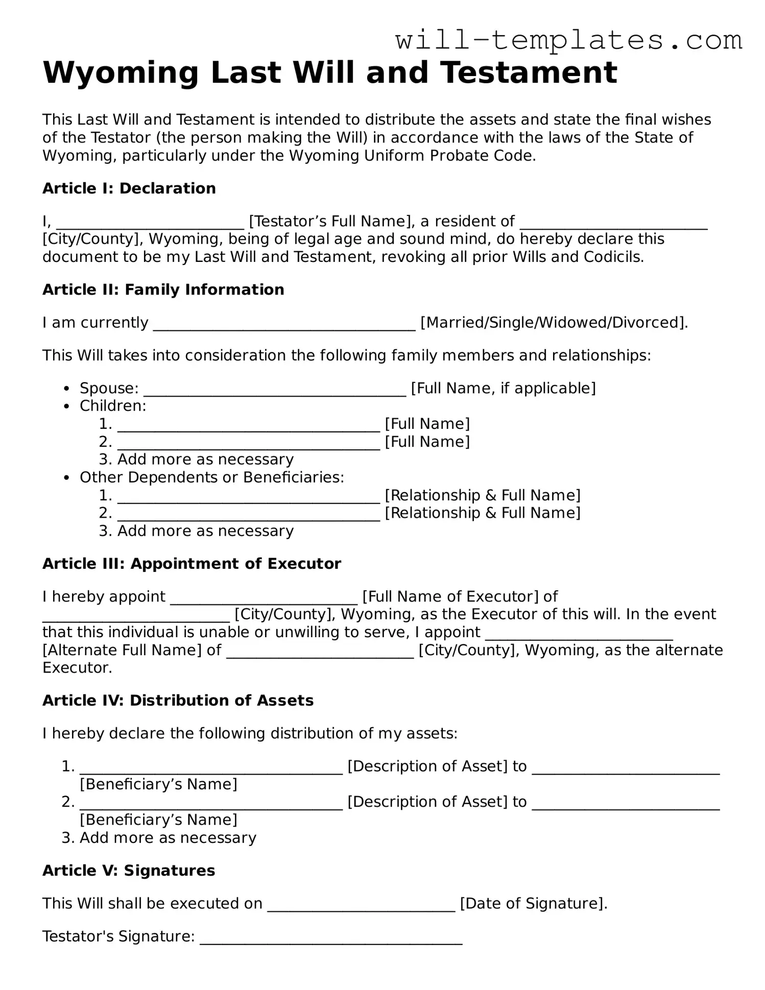 Official  Last Will and Testament Template for Wyoming