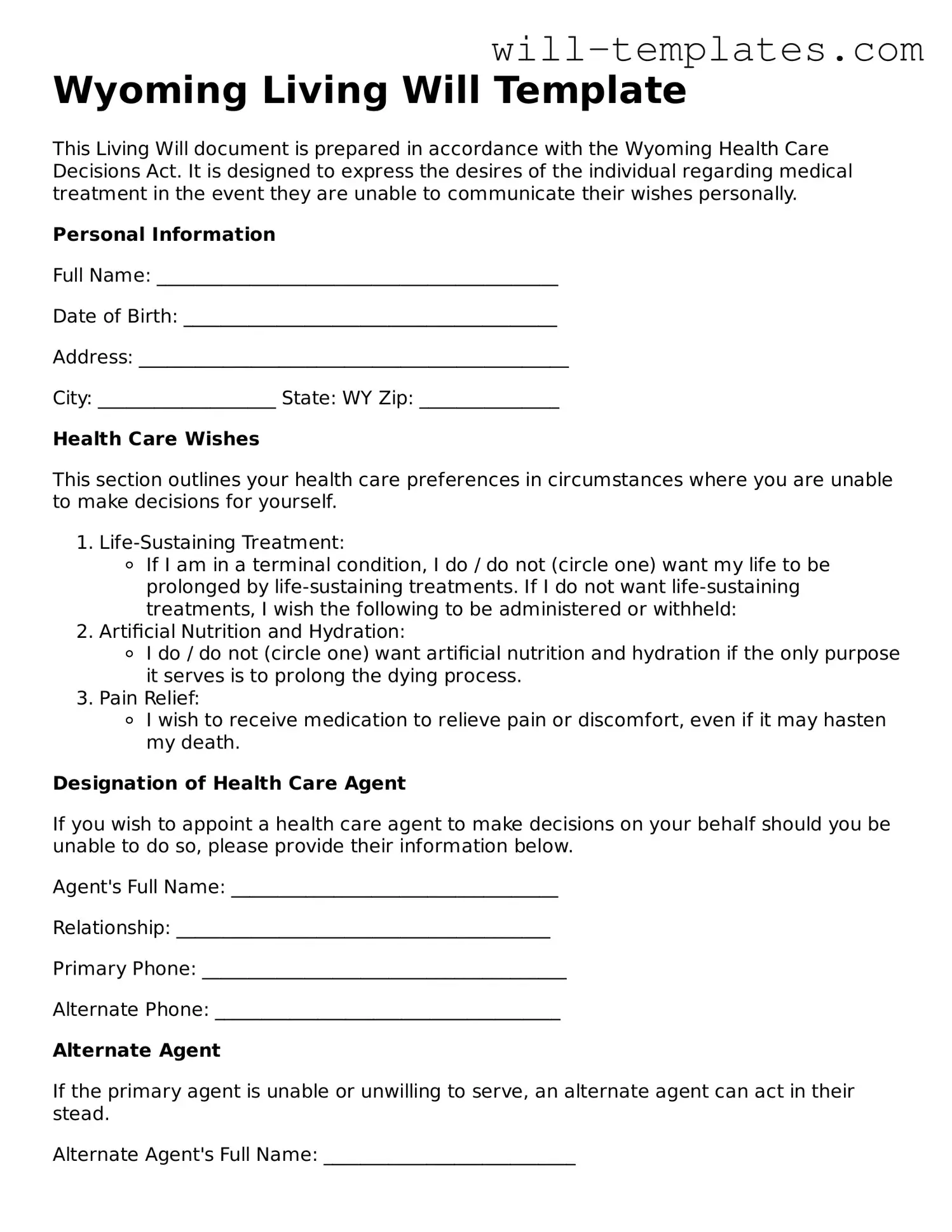 Official  Living Will Template for Wyoming